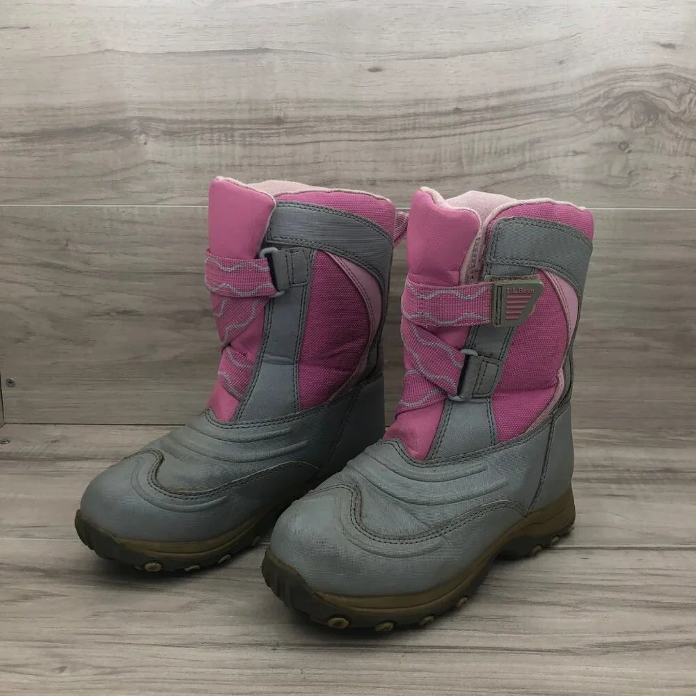 LL Bean Boots Kids Size 1 Pink Gray Insulated Winter Snow Hook and Loop Strap